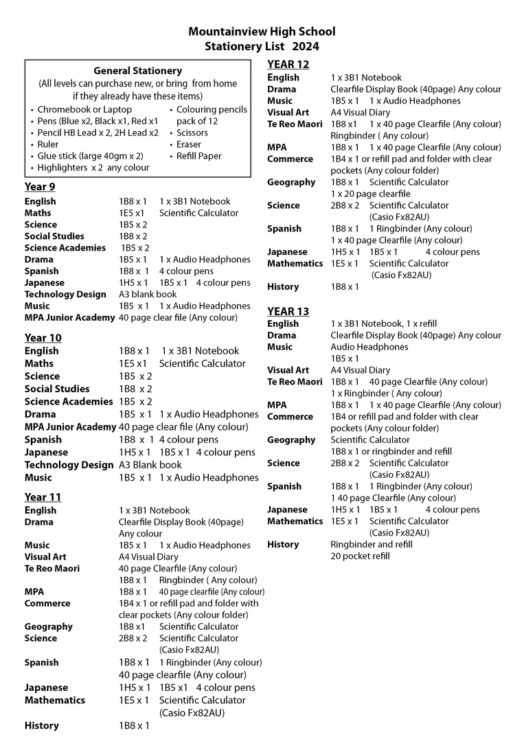 stationery list 2024